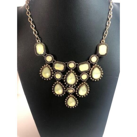 660 Antiqued goldtone semi-opaque  CZ statement necklace 18-22" - Picture 1 of 2